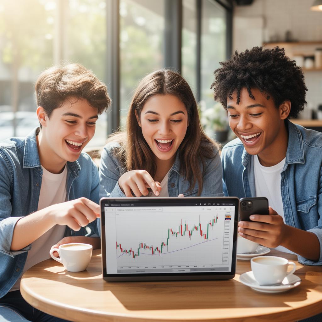 Three students excitedly learning to invest together